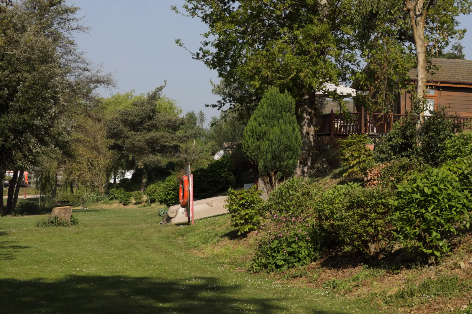 A grassy yard with trees, bushes, and a house on a hill in the background, featuring a boat and a life preserver near a tree.