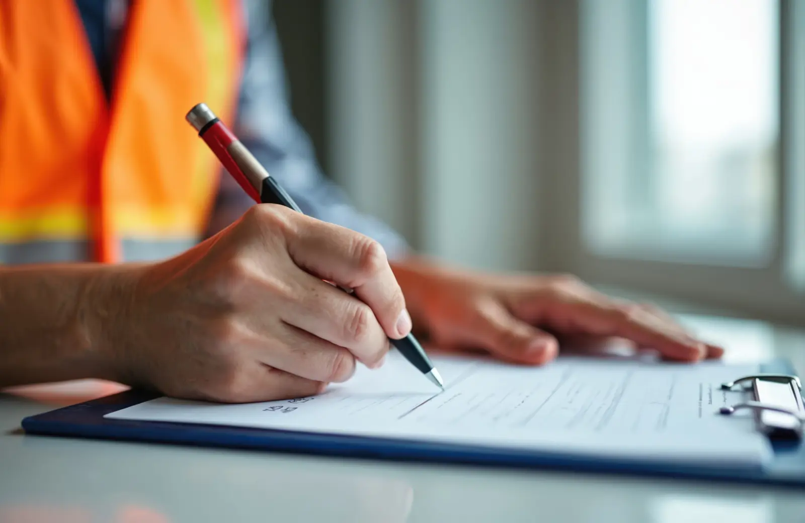 A person in an orange safety vest signs a document with a black and red pen on a clipboard at a desk near a window.