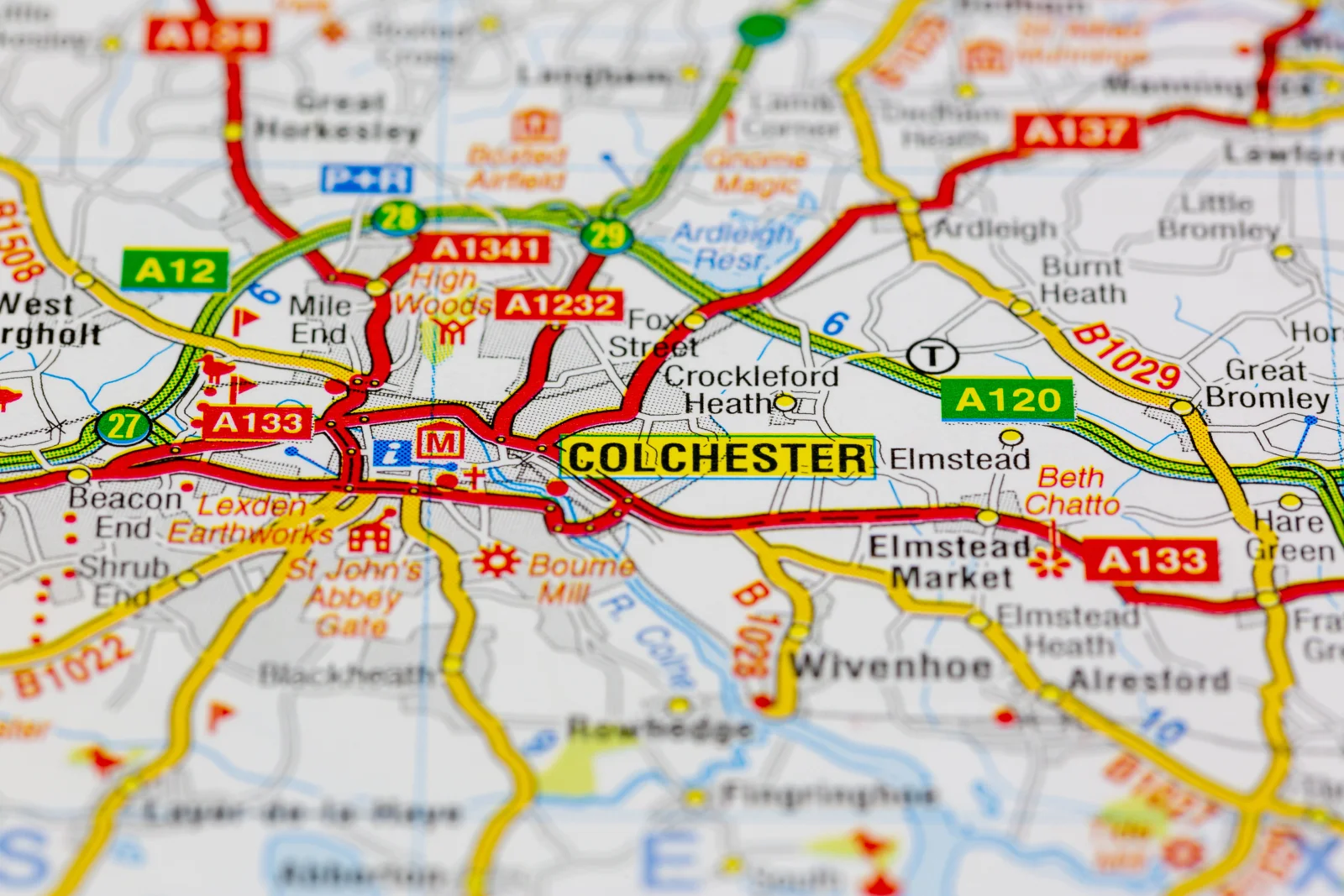 Map of Colchester showing roads, routes, and nearby landmarks with various colored labels and symbols.
