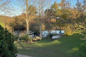 A tranquil lakeside scene with trees, a picnic table, a boat, and calm water reflecting the clear sky during autumn.