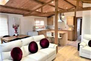 Open-concept living room and kitchen with wooden ceiling, white sofa with burgundy cushions, and a dining table with a flower arrangement.