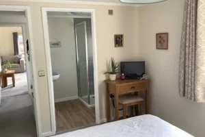 A cozy bedroom with a small wooden desk and stool near the window, open doorway leading to a bathroom, with a TV, potted plant, and framed artwork on the wall.
