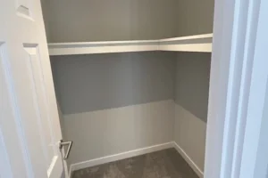 Empty closet with gray walls, white shelves, and a gray carpeted floor, viewed from the open door.