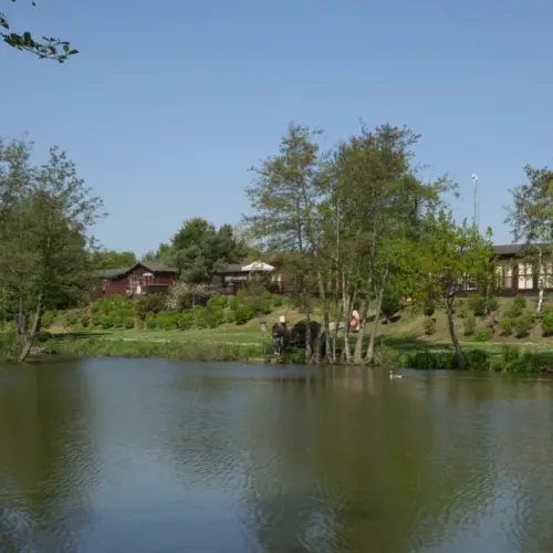 A peaceful lakeside scene with trees, houses, and a person fishing by the water on a sunny day.