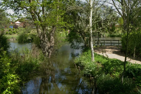 A peaceful river scene surrounded by lush green trees, with a footpath and bridge on the right, and residential buildings in the background.