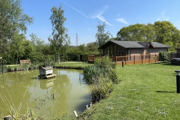 A peaceful garden scene with a pond, trees, a wooden house with a deck, and a clear blue sky.