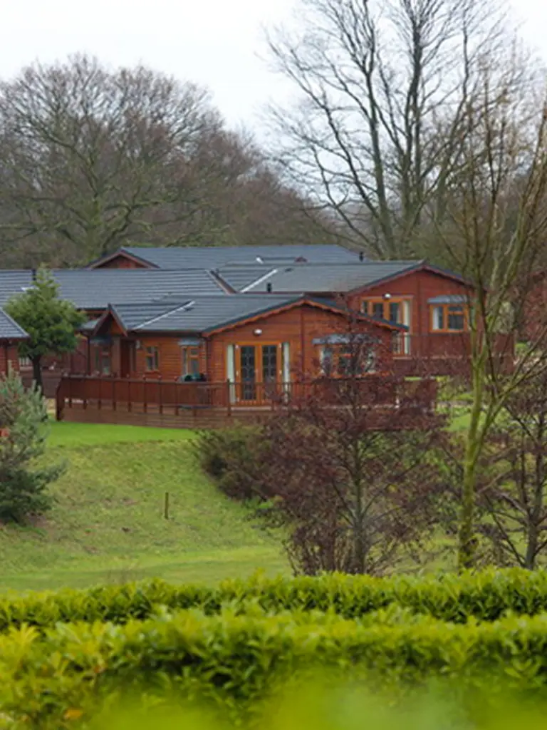 Cluster of modern wooden houses with large windows, surrounded by green lawns, trees, and a hedge, under an overcast sky.