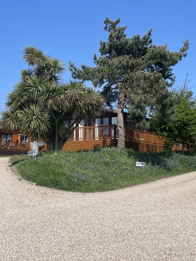 A wooden house with a deck surrounded by trees and colorful flowers, with a gravel pathway splitting into two directions under a clear blue sky.